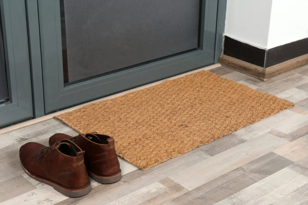 Shoes next to a clean mat near the door entrance