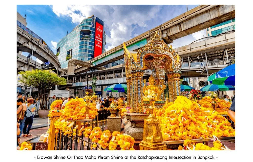 Erawan Shrine is a Hindu shrine featuring a gilded statue of the god Brahma and often the site of rituals and dances.