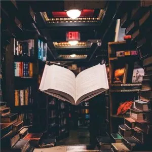 A literal open book floating in the middle of a room