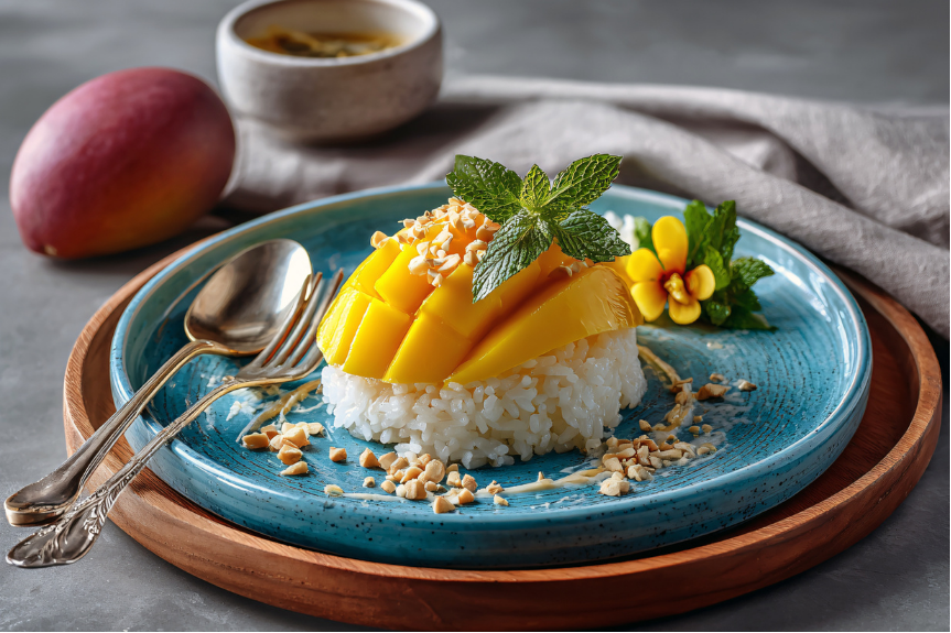 mango sticky rice served with crushed peanuts