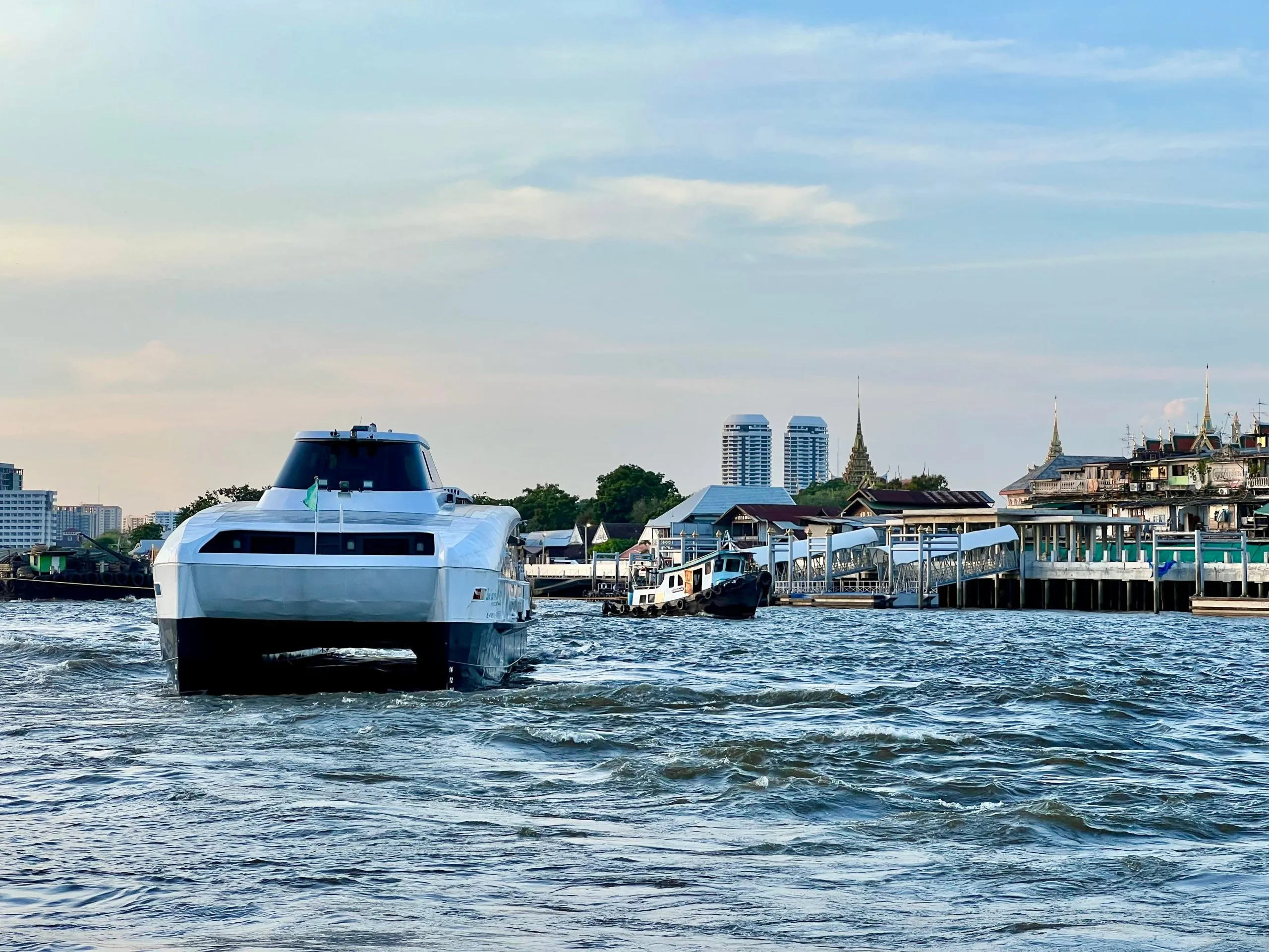 electric smart ferry operating in the Chao Phraya River that runs through Bangkok