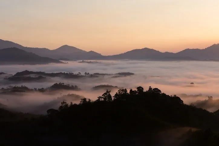The misty mountain landscape of Sukhirin in Narathiwat province.