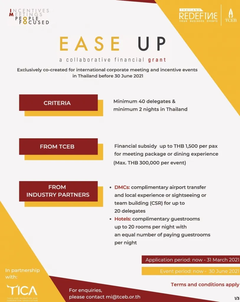 TCEB's "Ease Up" event criteria to support MICE industry.