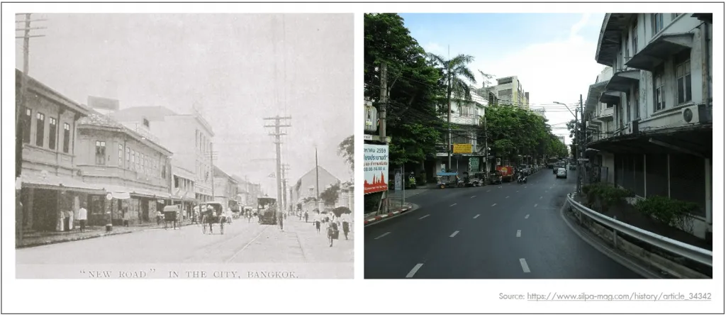 Charoenkrung Road, then (left) and now (right).