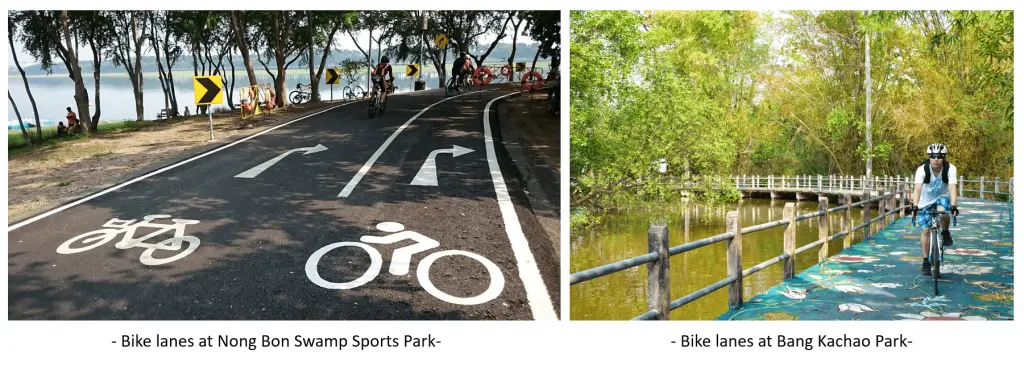 Bike lanes at Nong Bon Swamp Sports Park (left) and bike lanes at Bang Kachao Park (right).