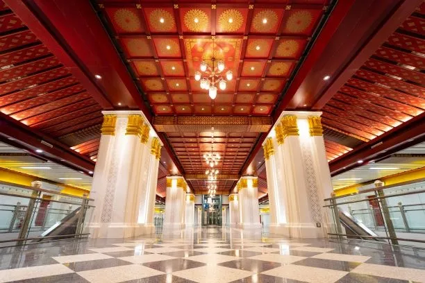 Traditional Thai-style interior of the museum at the concourse level of Sanam Chai MRT Station, displaying historical artifacts excavated during the station's construction.