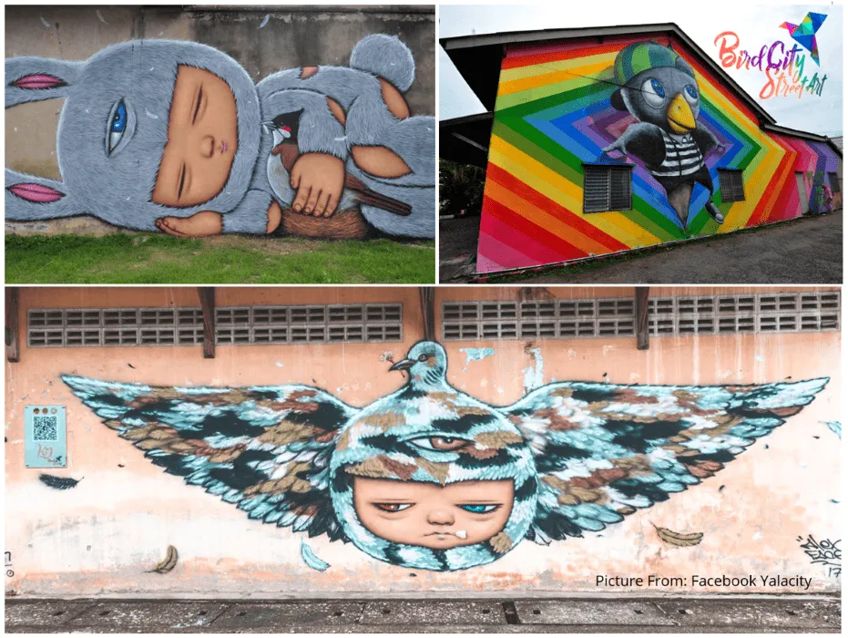 Colorful cartoon graffiti art from the Yala Bird City Street Art on Nuansakul Road.