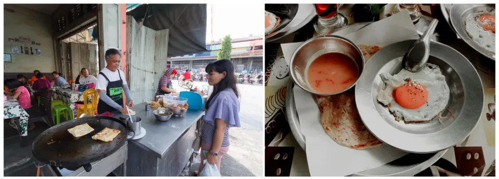 Local street vendors in Yala serving authentic khao yam, roti and Ceylon tea, and biriyani mutton rice.