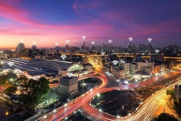 Long-exposure photography of Bangkok with artistic renderings of IT networking.