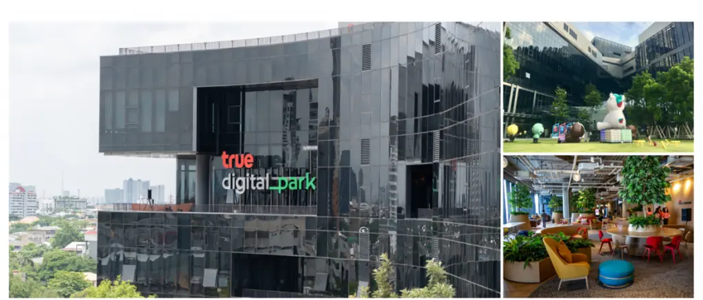 True Digital Park Tower, shot from the exterior, green space, and coworking space.
