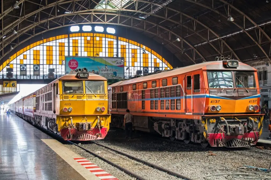State railway trains waiting to depart Hua Lamphong railway station in Bangkok.