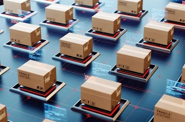 A series of cardboard boxes lined up in symmetrical lines. 