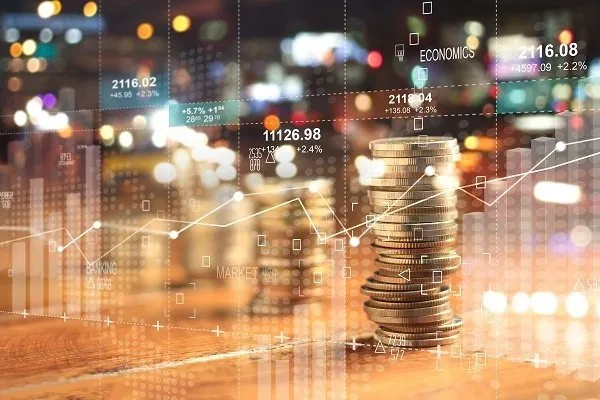 A visualization of currencies and stock markets data and diagrams. 