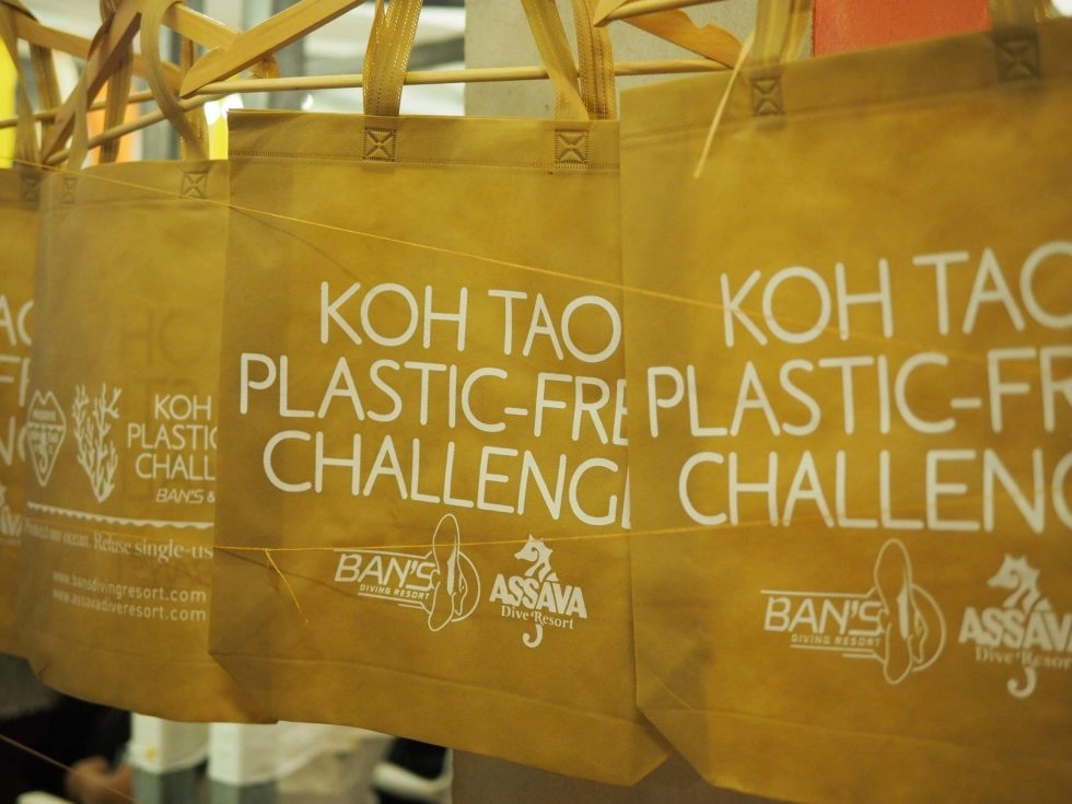 Yellow reusable cloth bags created for 2019 Koh Tao Plastic-free Challenge.