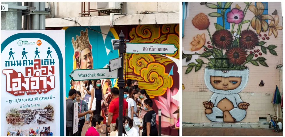 Wacky wall graffiti combining Thai art and pop culture at Khlong Ong Ang.
