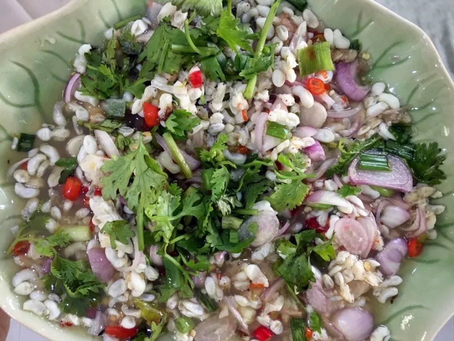 Ant eggs spicy salad can be found in northeastern Thailand from February to May.