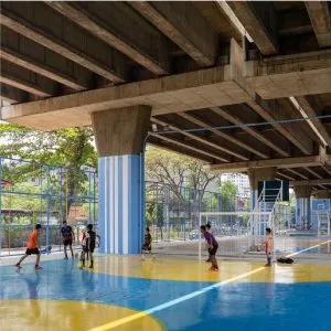 Children playing futsal at the Lan Kila Pat pocket park in Ratchathewi, Bangkok.