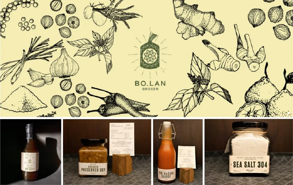 Products from Bo.lan Grocer including soy sauce, preserved soy, sriracha sauce and sea salt. 