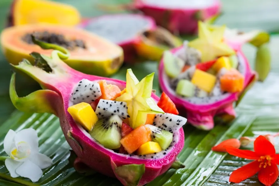 Fruit salad in dragon fruit skin