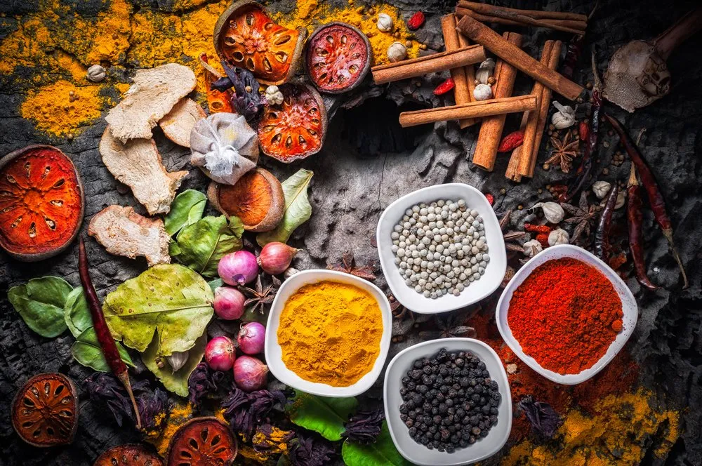 An array of Thai herbs and spices.