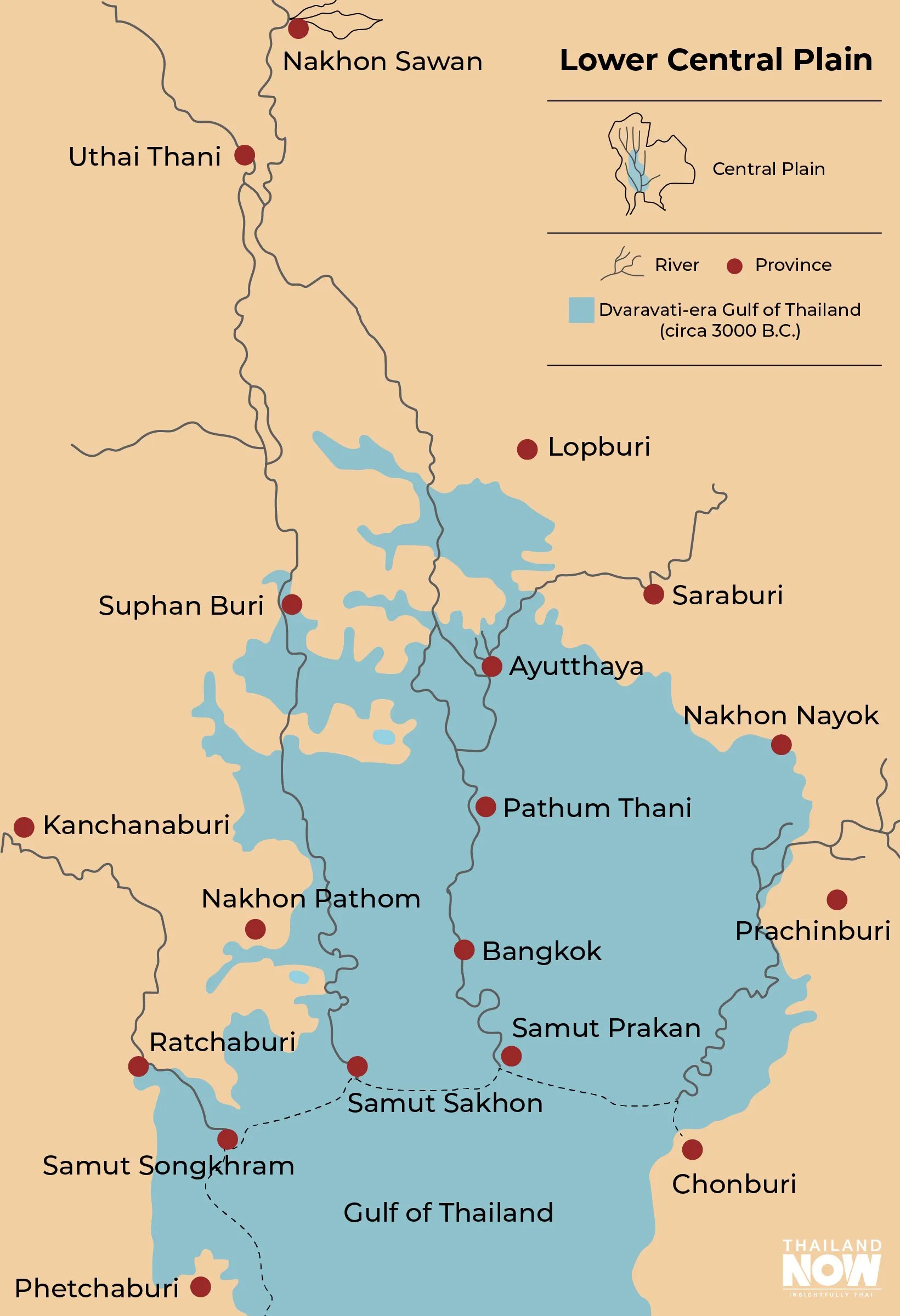 Thailand map showing the ancient gulf of Thailand