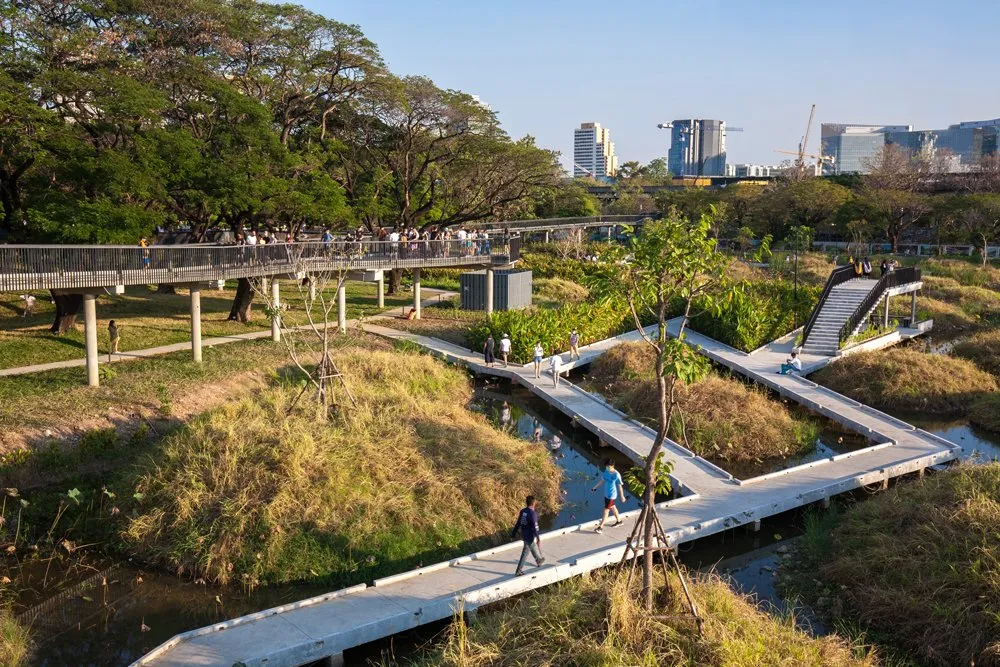 View of wetland area and walkways at Benjakitti Forest Park