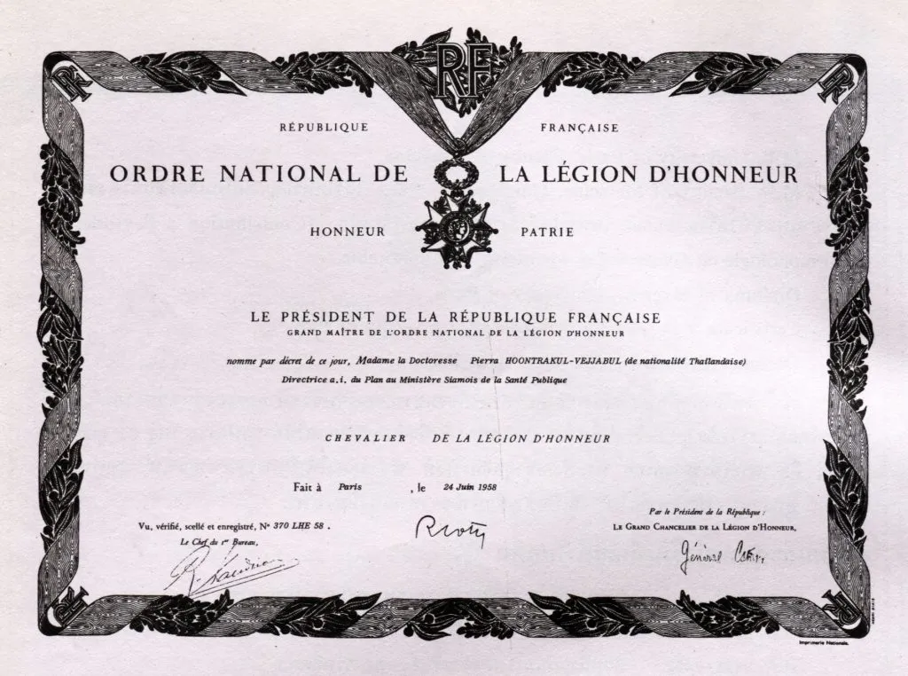 The Knight of the Legion of Honor certificate in 1958 from France
