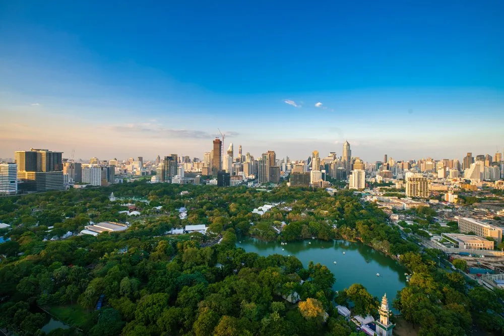 A park in Bangkok from top view, overseeing the park, lake and high buildings