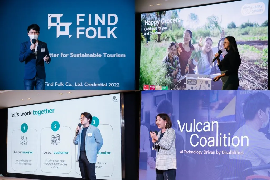 Mr. Sappawat Kantamara from Find Folk, Ms. Suthasiny Sudprasert from Happy Grocers, Mr. Amorpol Huvanandana from moreloop, and Ms. Methawee Thatsanasateankit from Vulcan Coalition during the pitches at Impact NOW
