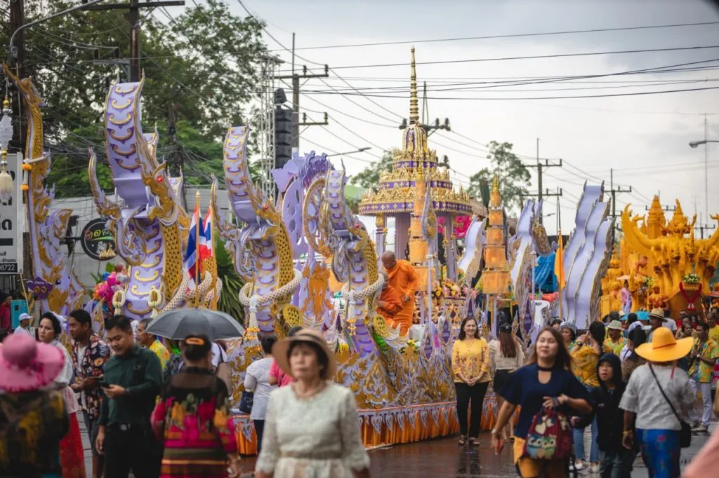 Chak Phra floats at the Chak Phra Festival in Surat Thani province, a festival celebrating the return of Buddha from heaven to Earth and to be greeted by multitudes