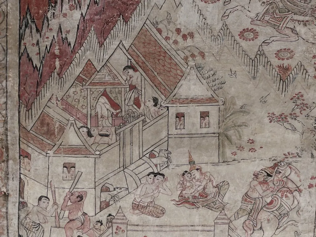 Mural at Wat Chong Nonsi Bangkok depicting Vidhura Pandita taking leave of his family