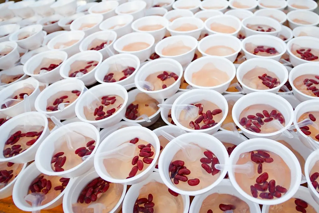 Stacks of foam bowls with Phuket dessert called o aew