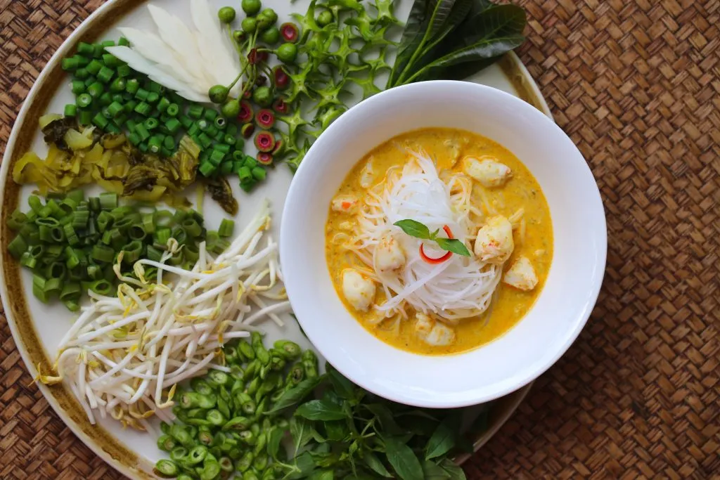 A platter of vegetables served with kanom jeen, a type of phuket dish