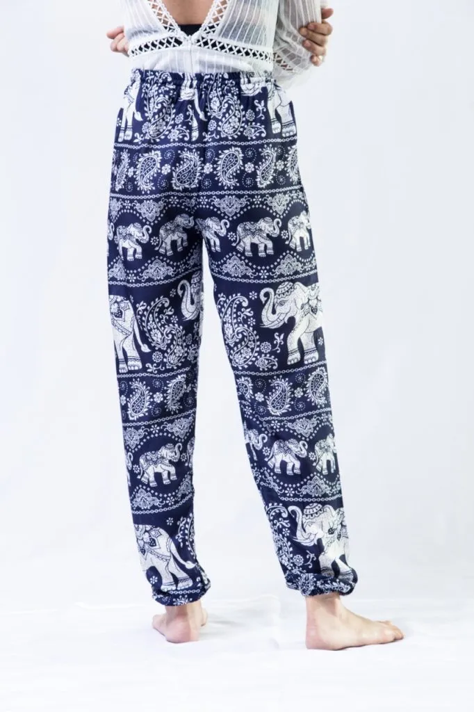 A close up picture of a person wearing elephant pants