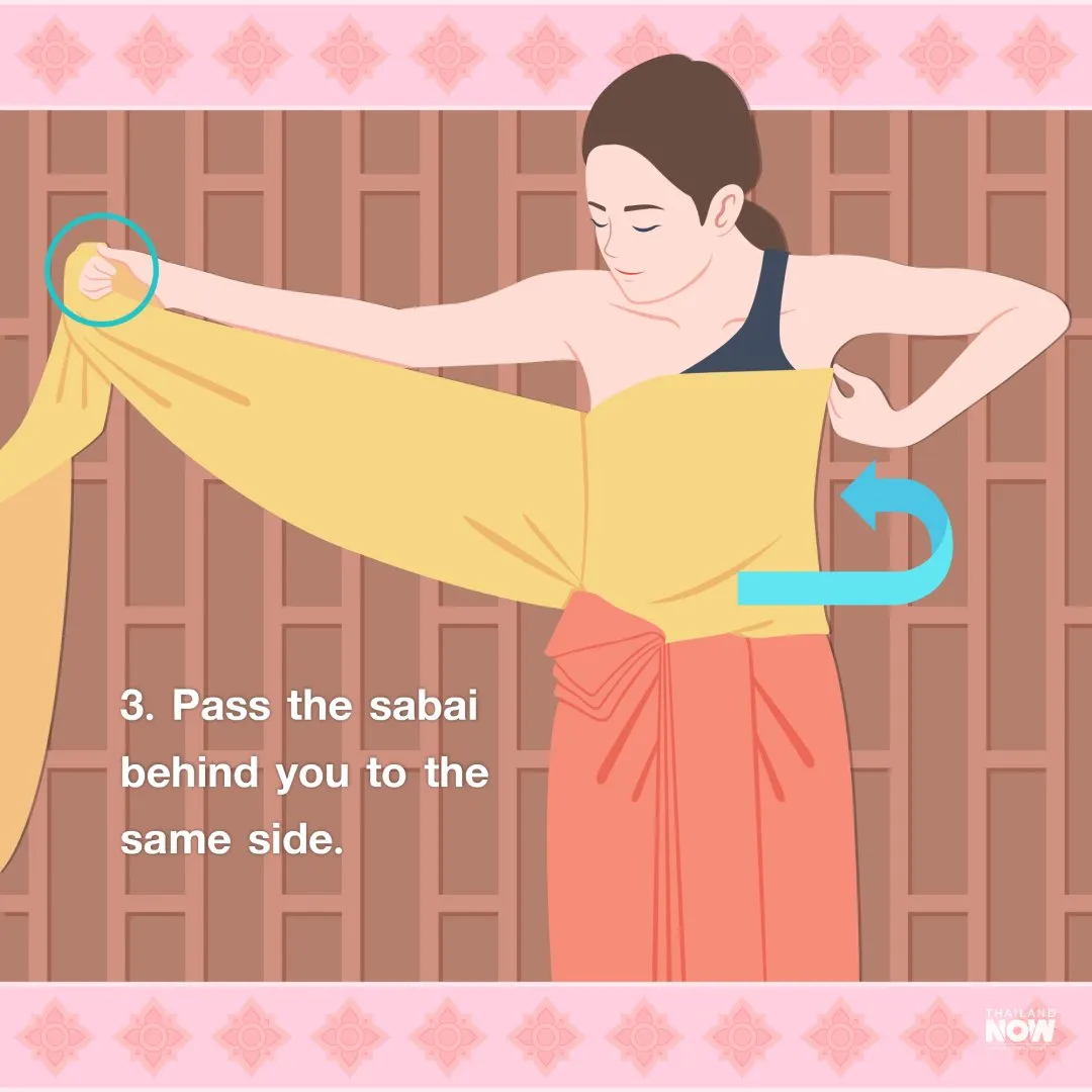 The third step is to pass the sabai behind you to the same side