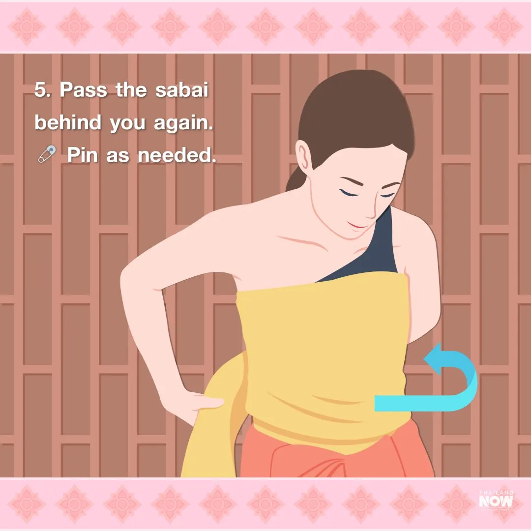 The fifth step is to pass the sabai behind you again and pin as needed 