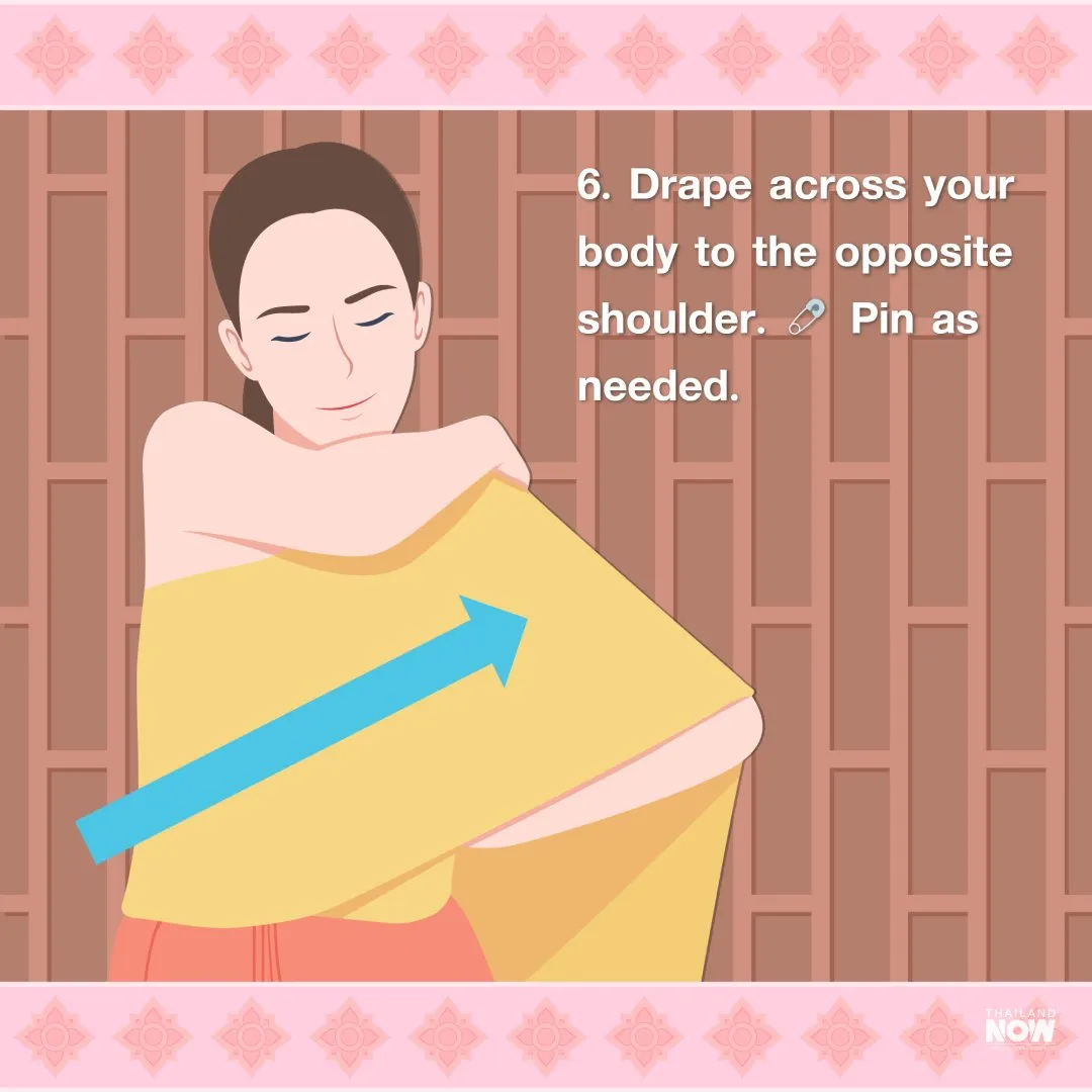 The sixth step is to drape across your body to the opposite shoulder and pin as needed 