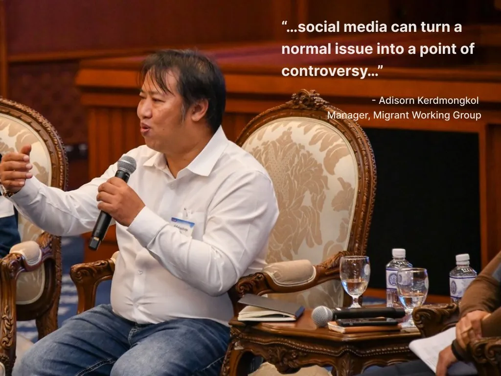 Adisorn Kerdmongkol explaining the impact of social media on migrant narratives