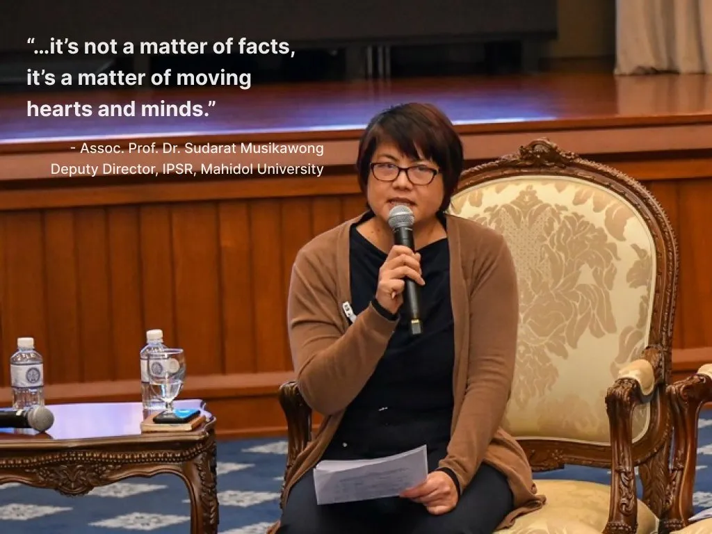 Assoc. Prof. Dr. Sudarat Musikawong recounting student feedback from migration workshops