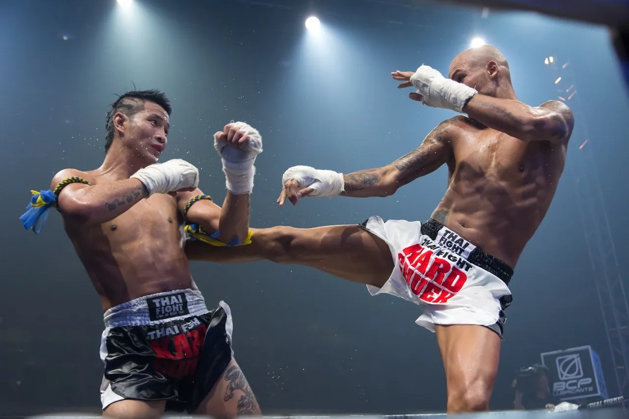 Professional Muay Thai fighters in a Muay Thai match in Thailand