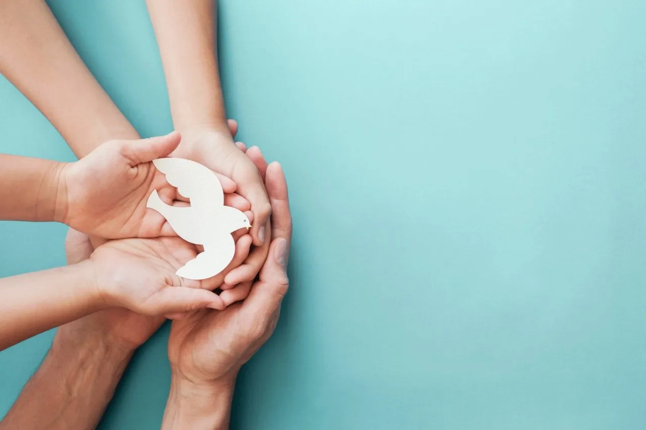 Hands holding a paper-crafted white dove, symbolizing peace