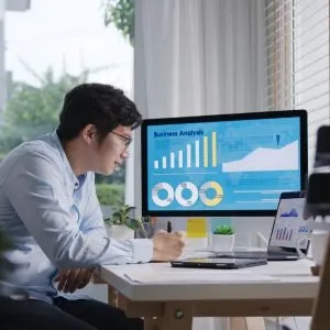 A young businessman working on his laptop and computer screens