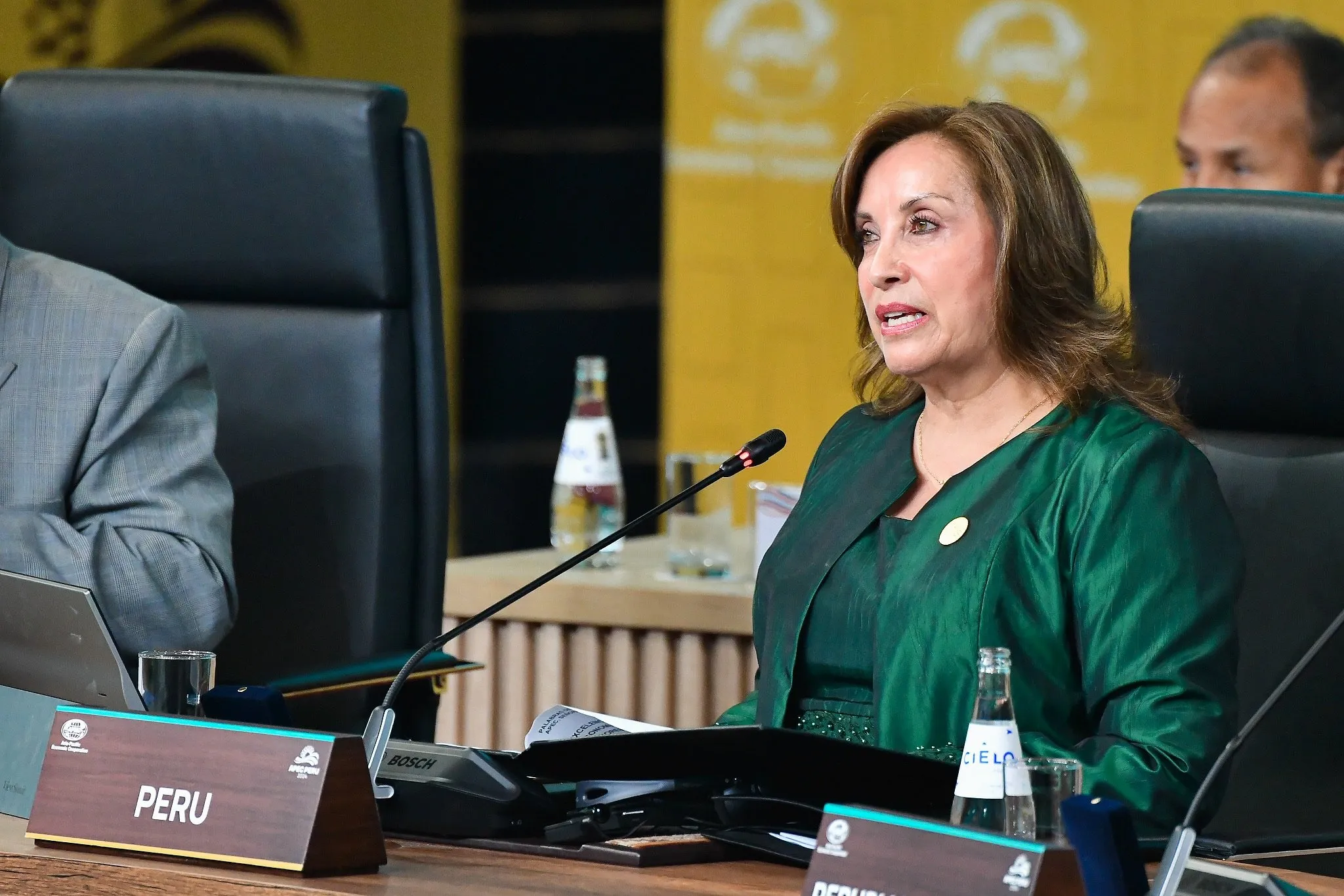 Peruvian President Dina Boluarte speaking at APEC Economic Leaders' Retreat held at the Lima Convention Centre
