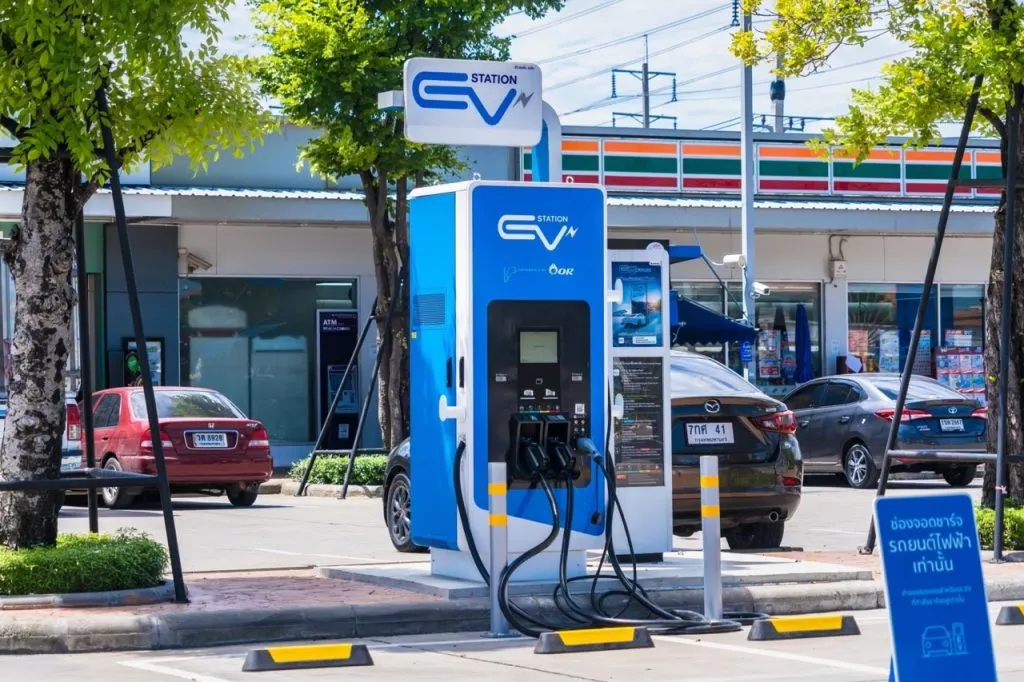 Electric vehicle charging station in a parking lot