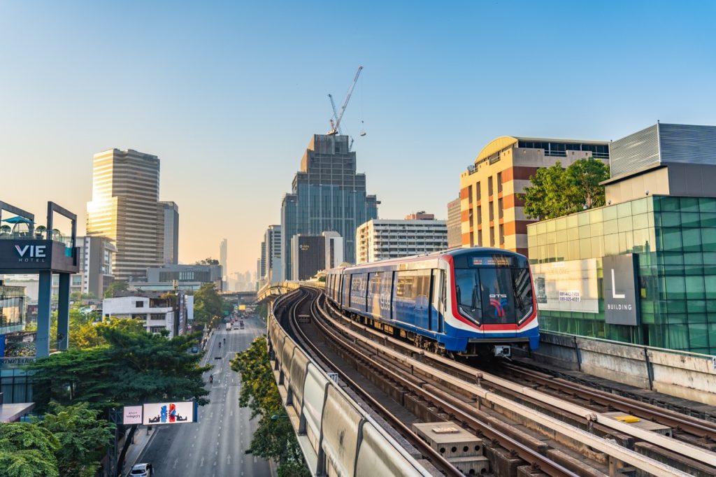 BTS Skytrain to the Ratchathewi station in Bangkok Thailand