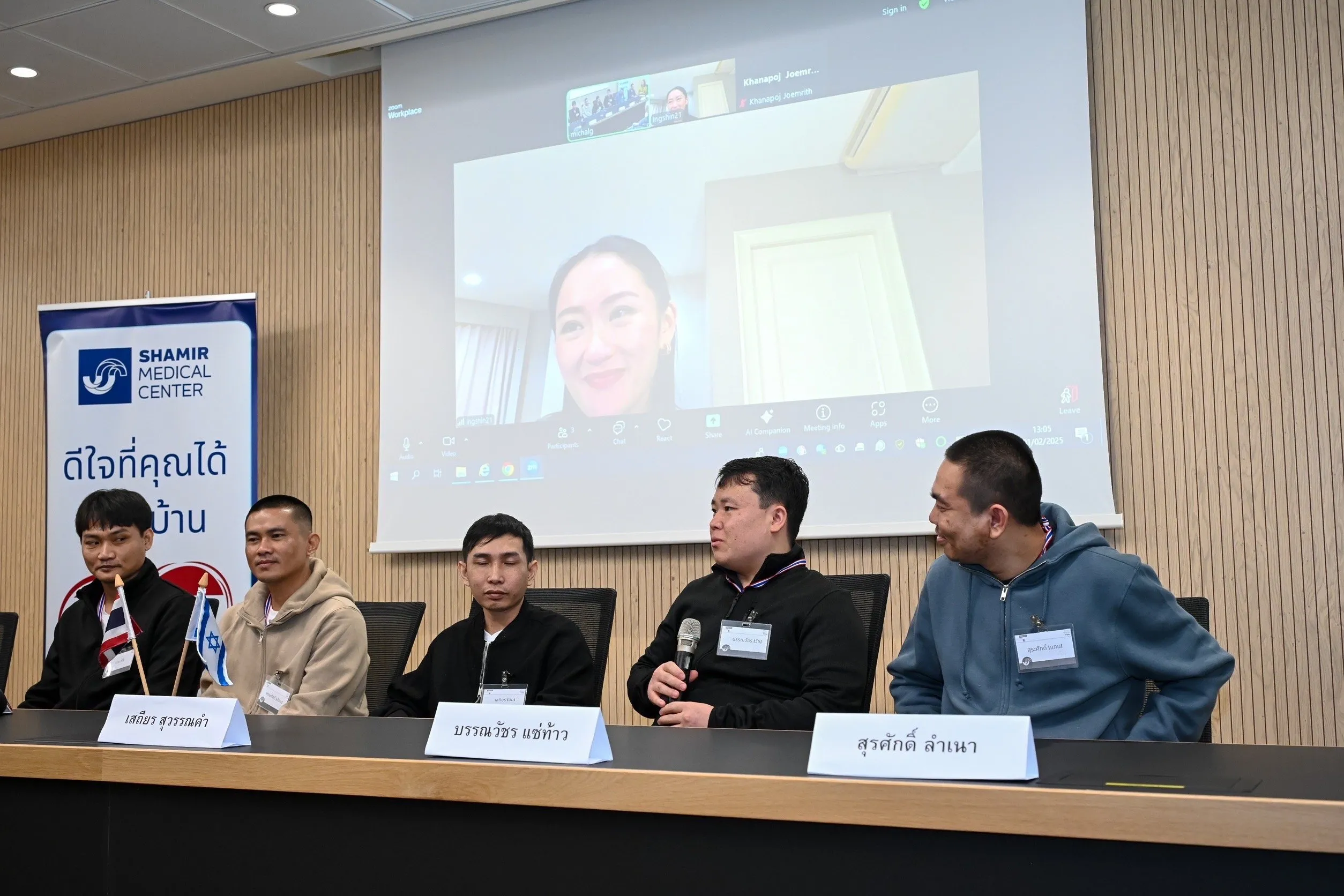 Prime Minister Paetongtarn Shinawatra on videocall with Thai hostages following their recovery at Shamir Medical Center