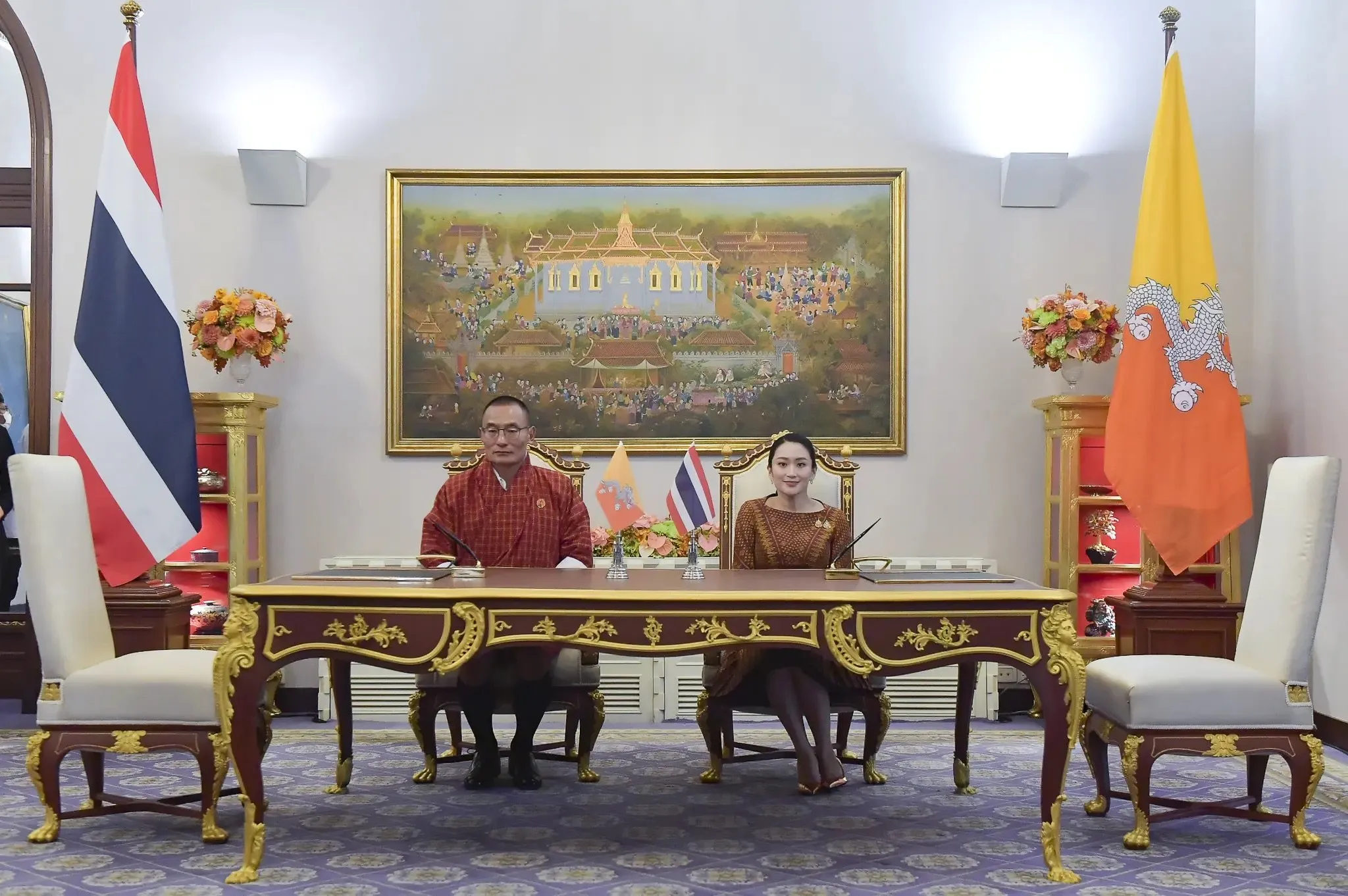 Bhutan Prime Minister Tshering Tobgay and Thailand Prime Minister Paetongtarn Shinawatra holding bilateral talks