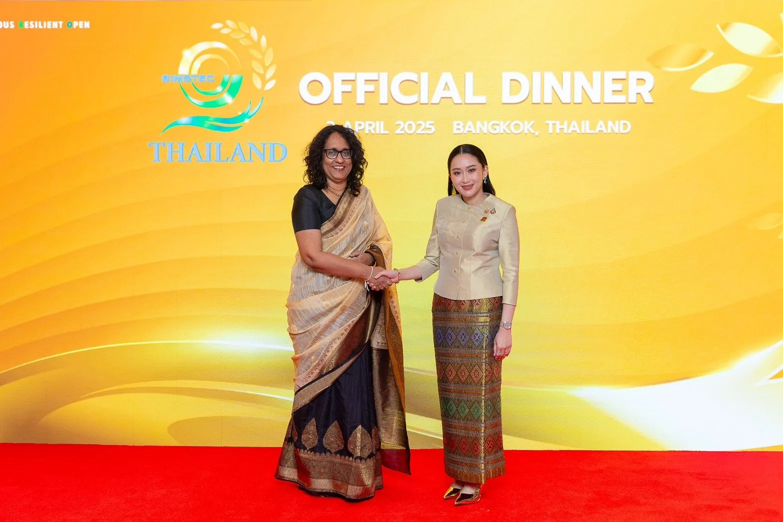 Sri Lanka Prime Minister Dr. Harini Amarasuriya shakes hands with Thailand Prime Minister Paetongtarn Shinawatra at the Official Dinner of the 6th BIMSTEC Summit