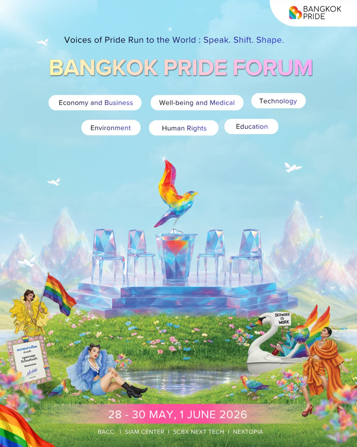 Poster for the Bangkok Pride Forum 2026, where community leaders discuss important topics related to the LGBTQ+ community.