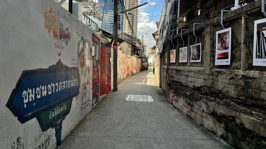 Alleyway with photo gallery and street art on Charoenkrung Road, Talad Noi District, Bangkok